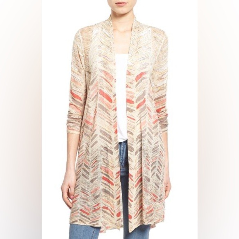NIC + ZOE Sunflare Cream Open Knit Chevron Print Linen Blend Long Cardigan